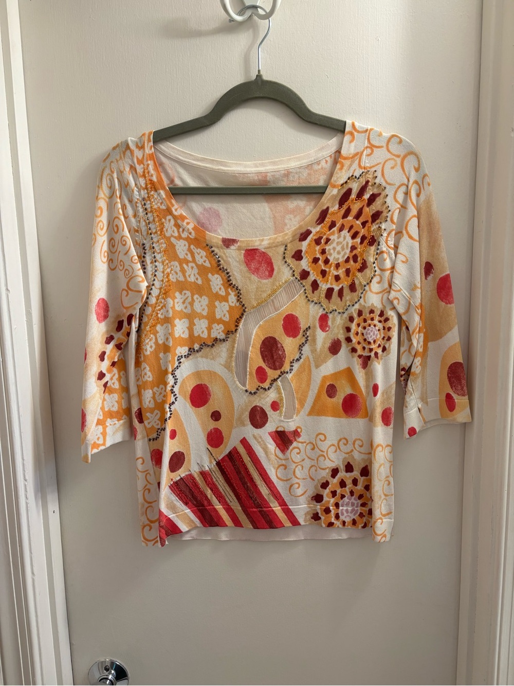 Vintage Italian Abstract Beaded Knit Top Orange Red Size M